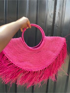 Handwoven Pink Fringe Circle-Handle Women’s Bag